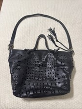 Isabella Fiore Large Black Laser Cut Shoulder Hobo Bag With Rope Handles/Strap D