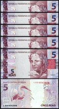 Brazil 5 Reais ND 2010 (2025), UNC, 5 Pcs LOT, Prefix LG, P-New Date, New Sign