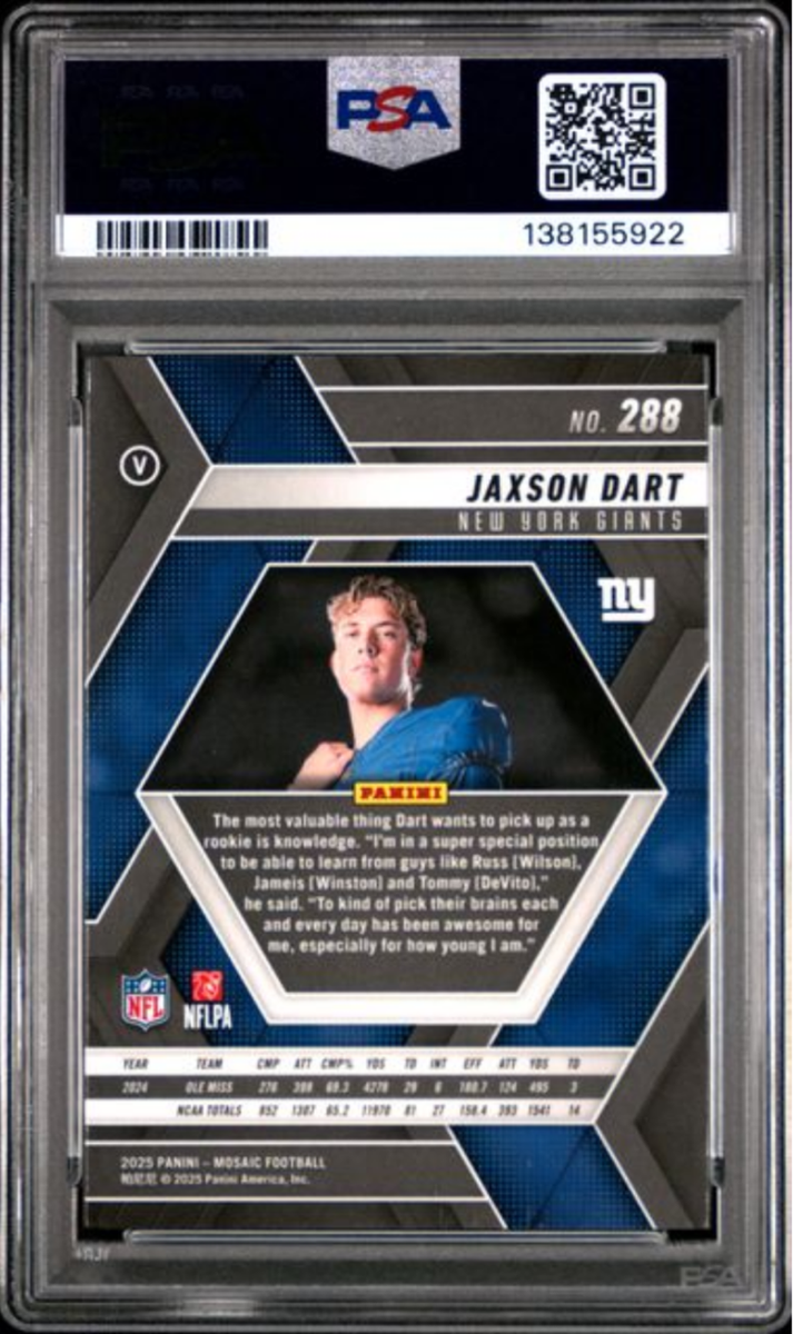 Graded 2025 Panini Mosaic Jaxson Dart #288 Rookie RC Card PSA 10