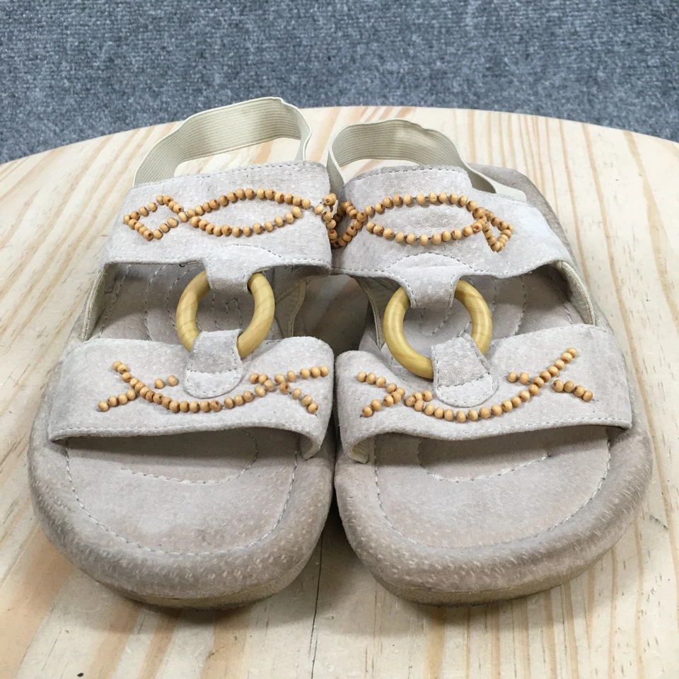 Sandalias Earth Shoe para mujer 7,5 ancho Nilo con cordones beige cuero con cuentas punta abierta Foto 4 de 4