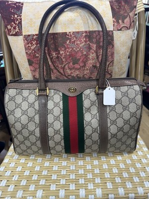Vintage GUCCI GG Monogram Coated Canvas Leather Boston Tote Bag Italy