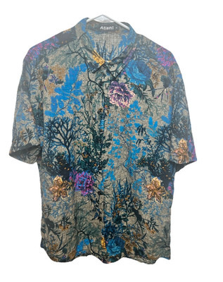Atlanl Men's XL Regular Floral Button Polo Shirt Collared Short Sleeve Gray