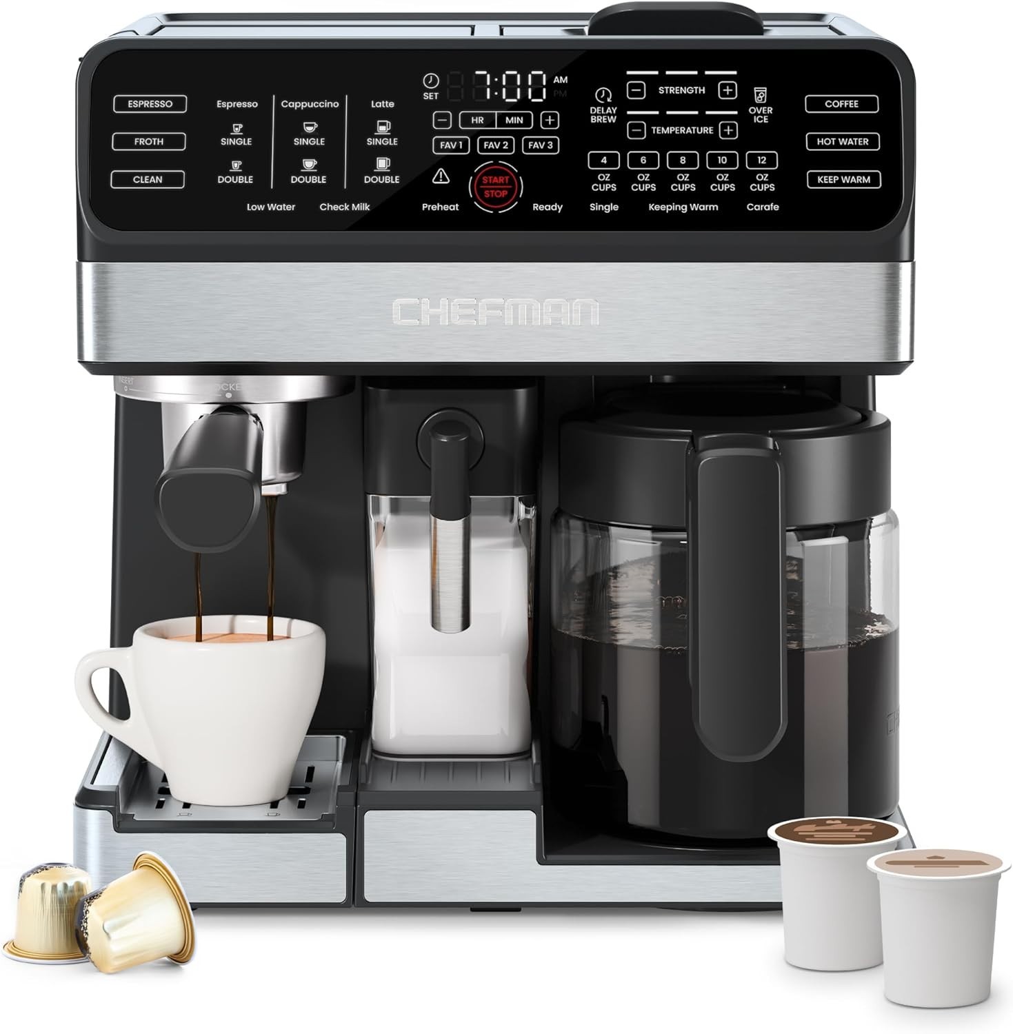 Chefman Coffee Maker Espresso Machine Combo, 8-in-1 Coffee Station with Automati