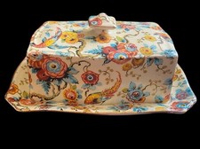 VTG Grimwades Royal Winton Ivory Butter Tray & Lid Exotic Birds & orange Flowers