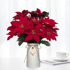 Artificial Red Poinsettia Christmas Flower Arrangement in Decorative White Va...