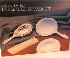 Ornate Silver Plated 3 Piece Dresser Vanity Set Hand Mirror Brush Comb NOS VTG
