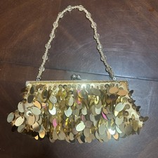 Gold Glam Sequined Beads Evening Bag Purse Kiss Clasp Closure