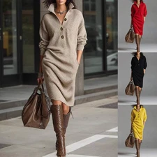 Long-sleeved Sweater Dress Fashion Warm Stand-up Collar V-neck Button Pullover D