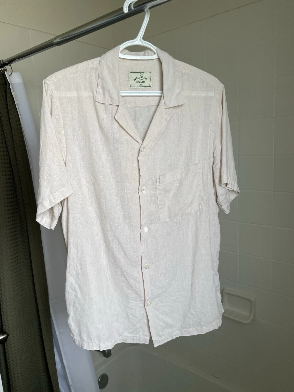 Portuguese Flannel 100% Linen Camp Shirt Mens Beige Cream Size Small
