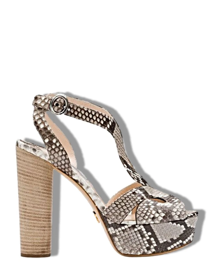 PRADA 38.5 Cutout Gray Snake Leather Platform Sandals Stacked Heels 8.5 WORN 1X - Image 3 of 4