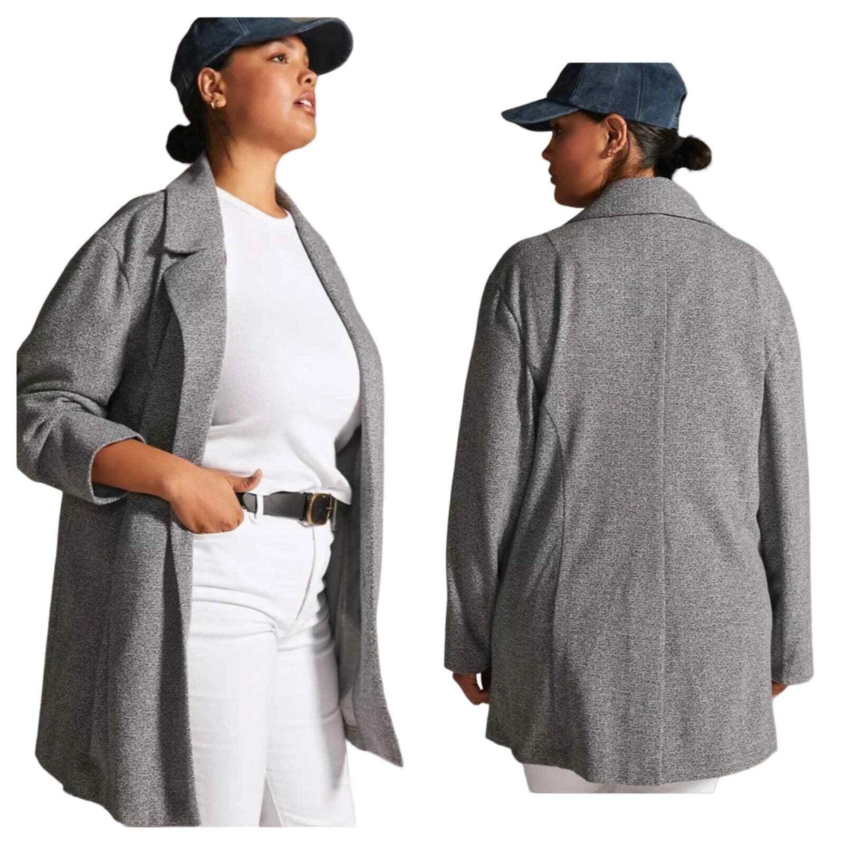 Avec Les Filles Blazer Jacket Oversize Longline Plaid Preppy Neutral Gray 2X