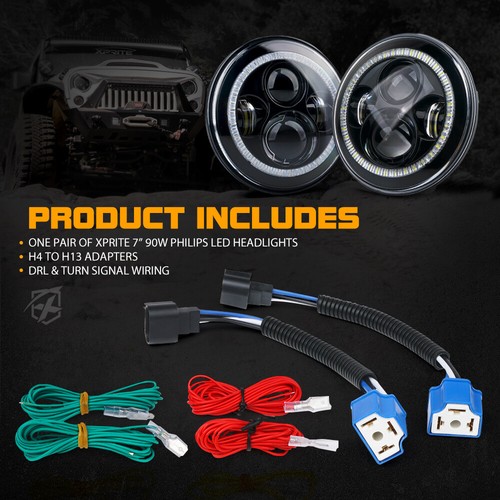 Kit de faros LED Xprite 7" pulgadas 90W anillo halo azul para Jeep Wrangler JK LJ TJ - Imagen 6 de 7