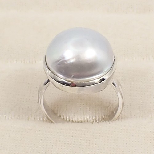 17.2 mm Round White Rainbow Australian Mabe Pearl Bezel Ring 925 Sterling Silver - Picture 10 of 12