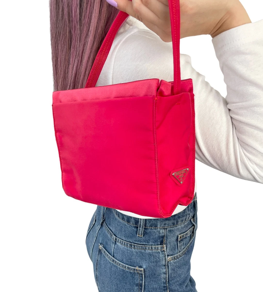 PRADA Vintage Logo Mini Pochette Top Handle Bag Handbag Red Nylon