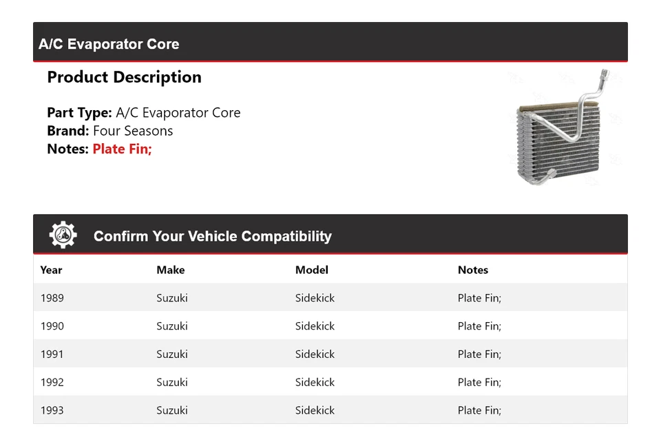 Núcleo evaporador aire acondicionado Suzuki Sidekick 1989-1993 4 estaciones 1990 1991 1992 Foto 2 de 4