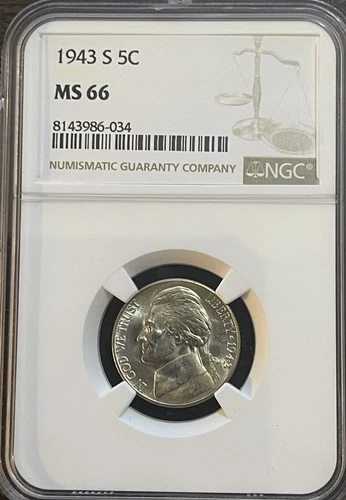 1943-S Jefferson Silver War Nickel NGC Gem MS66