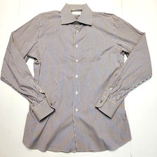 PRADA Button Front Dress Shirt Men's 16.5 EU 42 LARGE L Blue Brown Striped ITALY