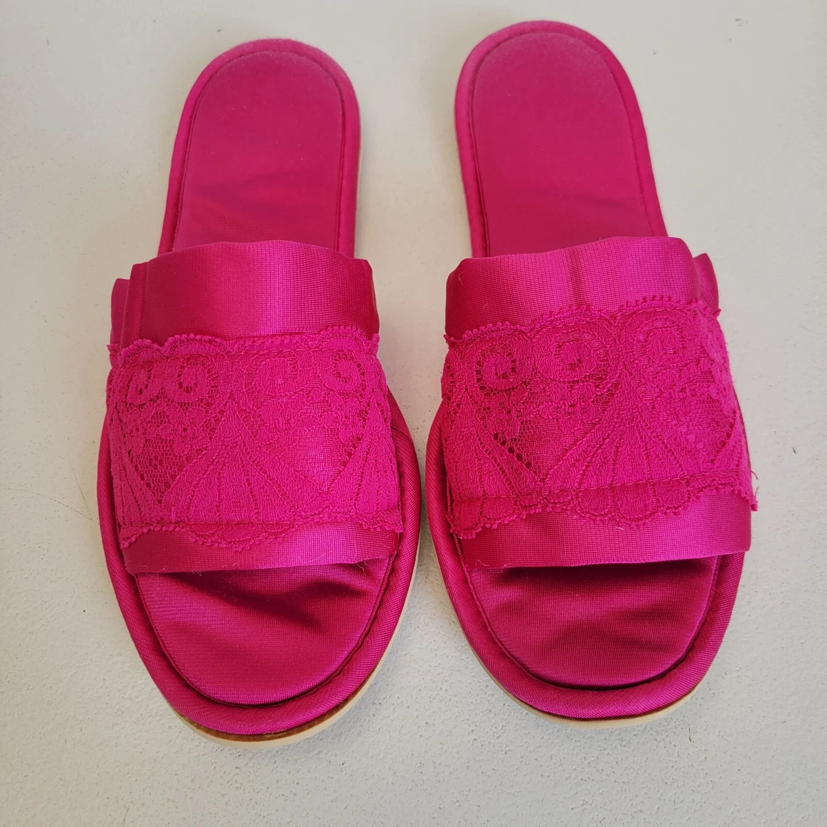 Vtg Womens Slippers Small Hot Pink Open Toed Slip On Flats House