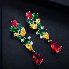 Boho Multicolored Cubic Zirconia Drop Long Dangle 925 Silver Earrings for Women