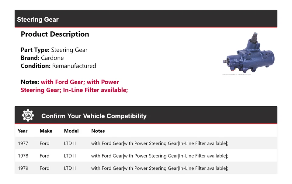 Engranaje de dirección Cardone 1978 para Ford LTD II 1977-1979 Foto 2 de 4