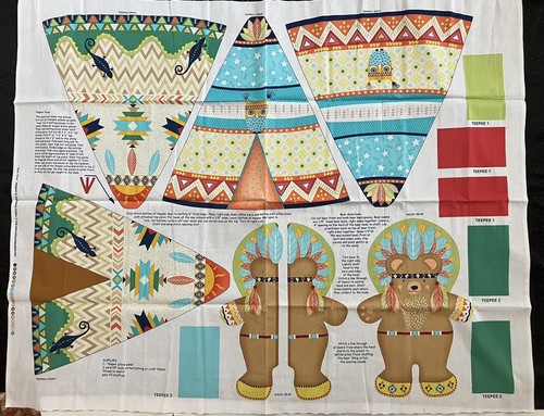 Exclusively Quilters Pow Wow Fabric Panel Moon Bear Indian Plush Pillows Teepee - Picture 2 of 12
