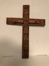 HAND CARVED WOODEN CRUCIFIX WITH JESUS PRIMATIVE BRUTALIST