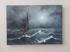 Moon Night Seascape Oil Painting, Victorian Dark Nocturne, Vintage Sailboat Art