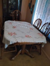 Tablecloth, 57 x 50 in. Embroidered with flowers, leaves scroll patterns