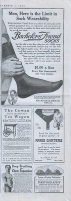 1913 Miscellaneous Panel of Ads - Bachelor's Friend Socks, Paris Garters