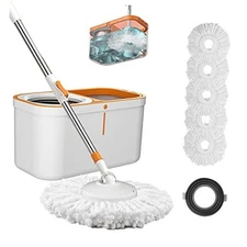 Floor Spin Mop and Bucket Set with Wringer System Extended White & Orange