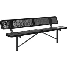 8' Outdoor Steel Bench w/ Backrest, Perforated Metal, In Ground Mount, Black