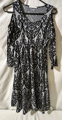 Chris & Carol Women's Black/Gray dress cold shoulder sleeve elastic waist Size S
