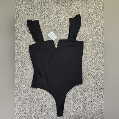Moa Moa Classic Black Womens Bodysuit tank top with Ruffle Straps Size L NWT
