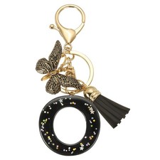 Initial Letter Keychain, Cute Butterfly Keychain with Tassel Letter O, Black