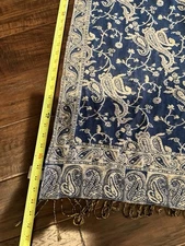 VTG 100% PASHMINA INDIA BRILLIANT COLORS PAISLEY Blue/cream 68 X 27" SUBSTANTIAL