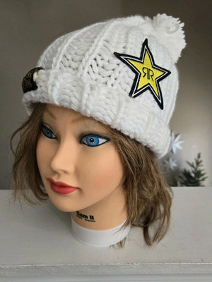 Rockstar Energy Drink Knit Star Logo Adult White Beanie Hat Cap Pompom NWOT