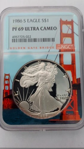 1986-S United States Proof Silver Eagle, NGC PR 69, Golden Gate Bridge Label