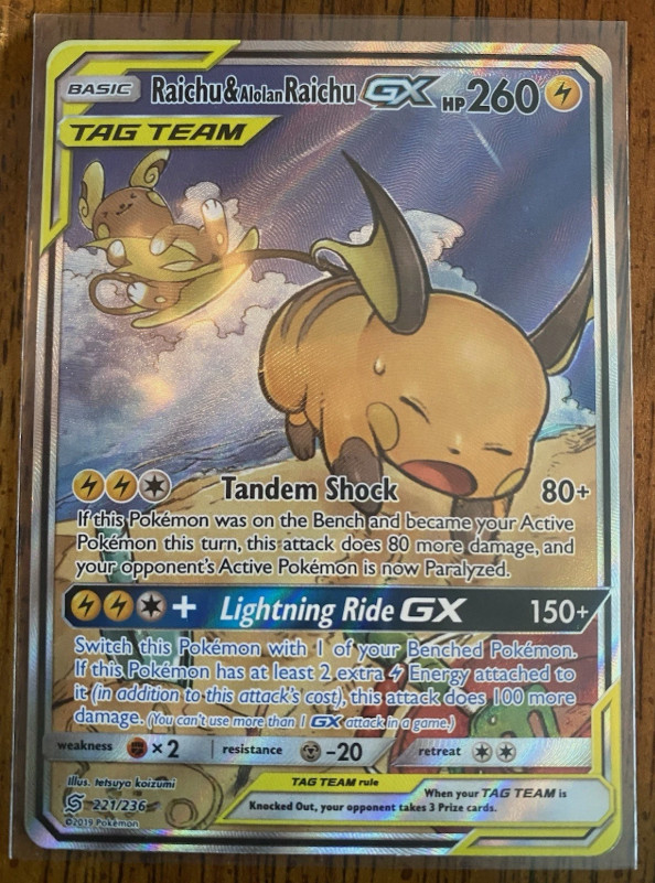 Pokemon Raichu & Alolan Raichu GX 221/236 Unified Minds Ultra Rare Holo 260 NM !