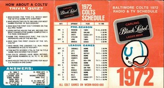 1972 Baltimore Colts pocket schedule sponsored by Black Label Beer