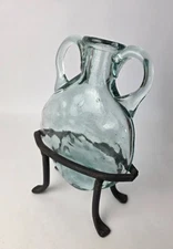 Antique Blown Blue Green Flat Jug with Black Handmade Wrought Iron Stand