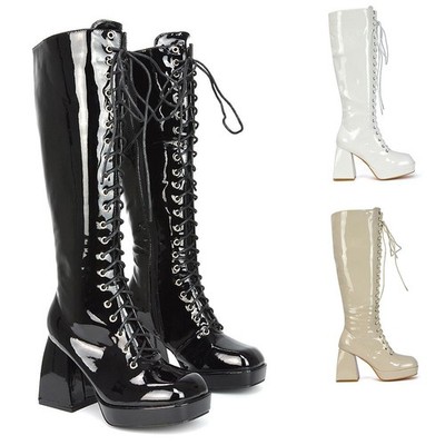 Kniehohe Damenstiefel Schnürstiefel Blockabsatz Biker-Stiefel Größe 3-8