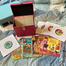 Vintage Pink 45 RPM Record Carrying Case Lot of 9 Children's Records Nostalgic