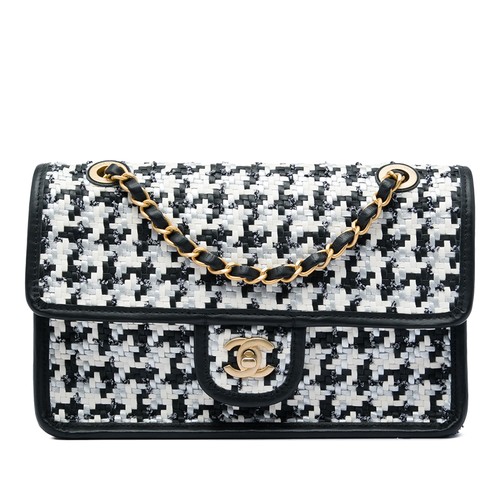 Chanel CC Woven Lambskin and Viscose Houndstooth Single Flap Shoulder Bag White