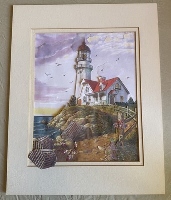 Handcrafted 3-D Paper Tole Lighthouse Scene   Matted Coastal Wall Art 8 x10 