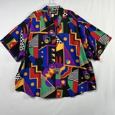 Notations Blouse Woman 22W Tunic Blue Geometric Button Up Short Sleeve Artsy