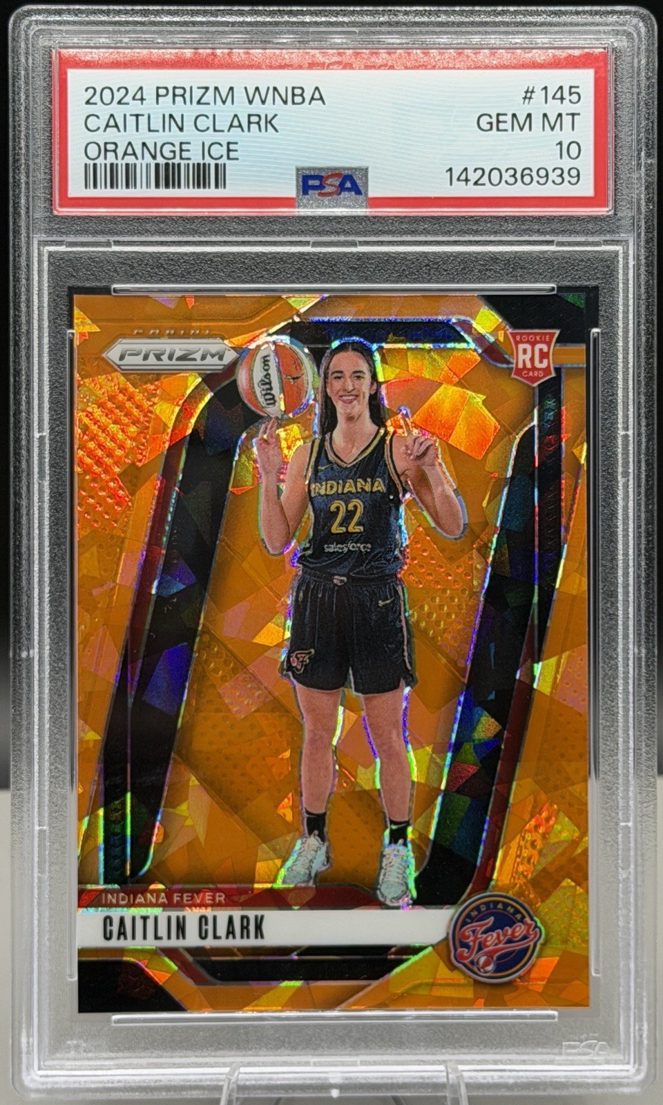 2024 PANINI PRIZM WNBA ORANGE ICE #145 CAITLIN CLARK ROOKIE RC PSA 10
