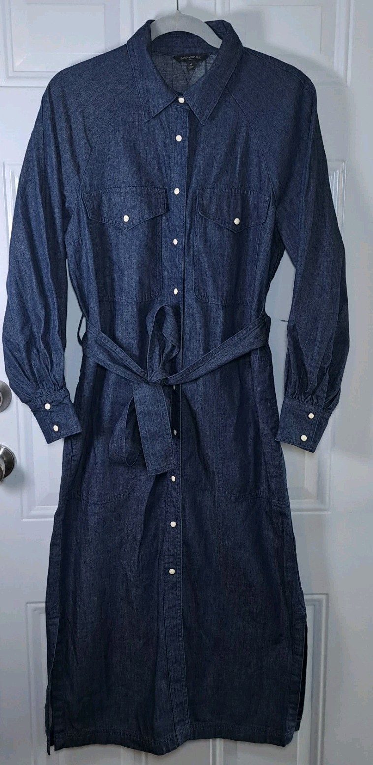 Banana Republic Utility Denim Shirt Dress Size Medium Blue Pearl Snap Belt