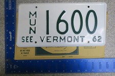 Vermont License Plate Tag 1962 62 VT Municipal MUN Police Cop Town 1600 Mint Env