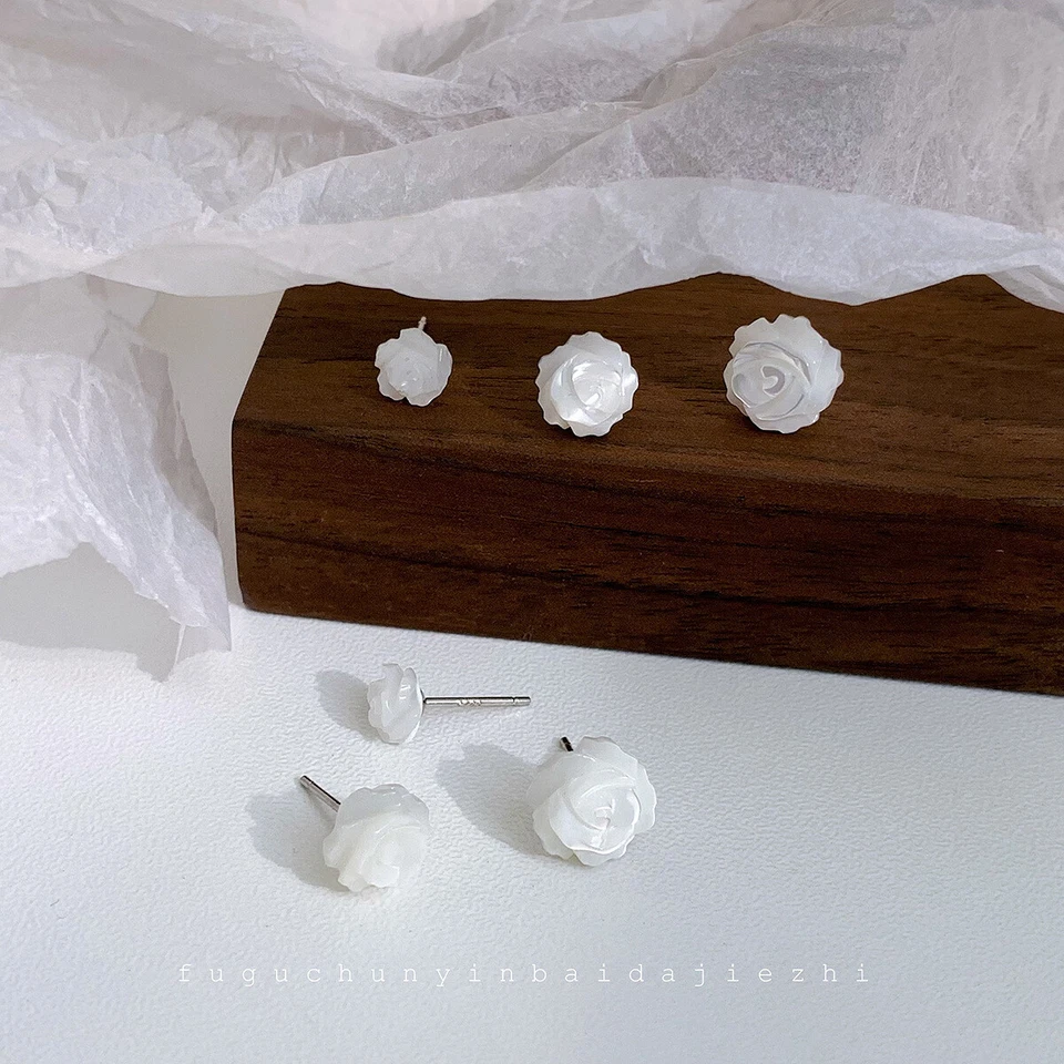 6/8/10mm 925 Sterling Silver Mother of Pearl Rose Flower Stud Earrings Gift - Image 2 of 4