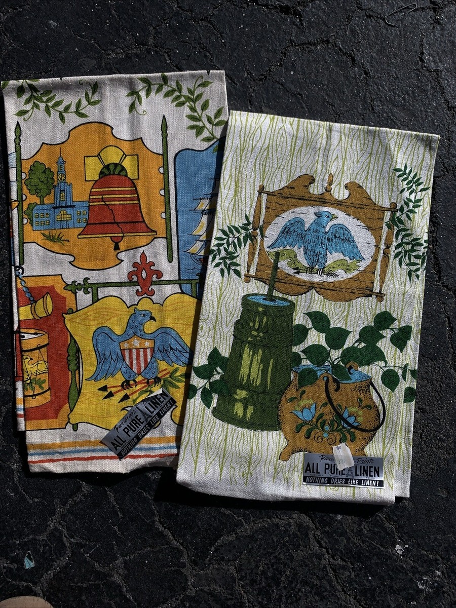 Vtg MCM 1970s 100% Pure Linen Tea Towels Colonial Farmhouse